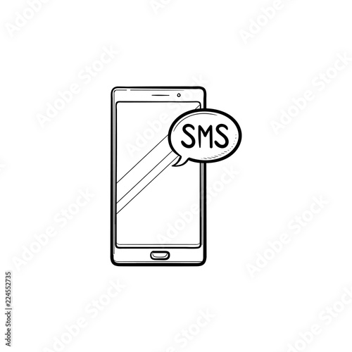 Mobile phone with sms bubble hand drawn outline doodle icon. Sms chat and communication, text message concept. Vector sketch illustration for print, web, mobile and infographics on white background.
