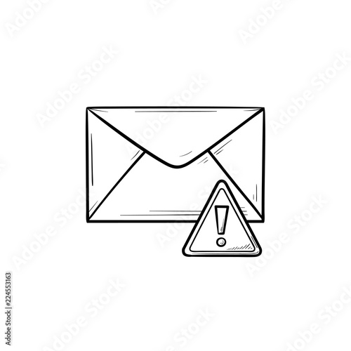 Envelope and exclamation mark hand drawn outline doodle icon. Warning message, spam and malware, alert concept. Vector sketch illustration for print, web, mobile and infographics on white background.