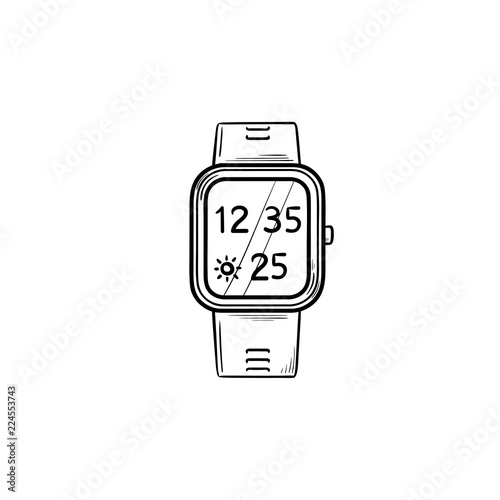 Smart watch with time and weather hand drawn outline doodle icon. Digital gadget, smart watch apps concept. Vector sketch illustration for print, web, mobile and infographics on white background.