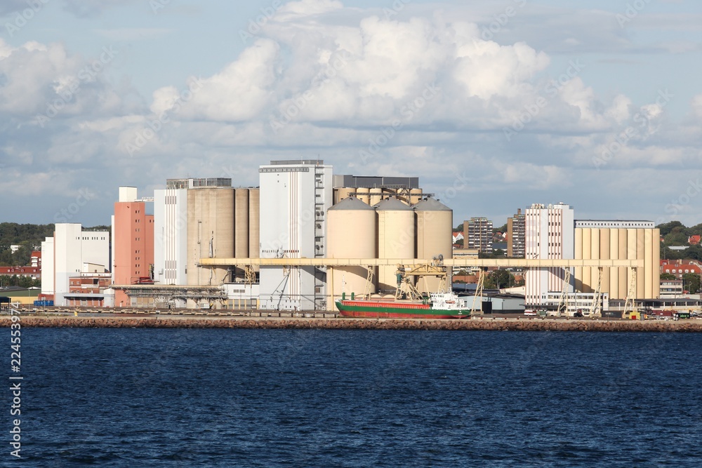 View of the industrial harbor of Helsingborg in Sweden View of the industrial harbor of Helsingborg in Sweden
