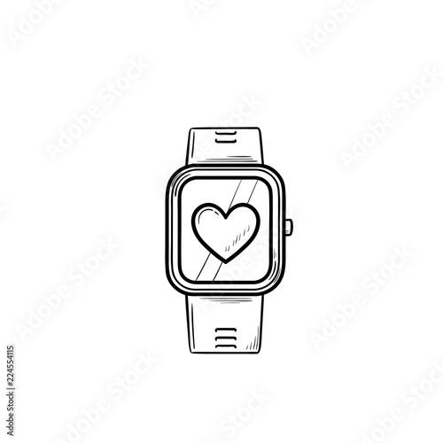 Smartwatch with heart hand drawn outline doodle icon. Fitness watch and healthcare, modern gadget concept. Vector sketch illustration for print, web, mobile and infographics on white background.