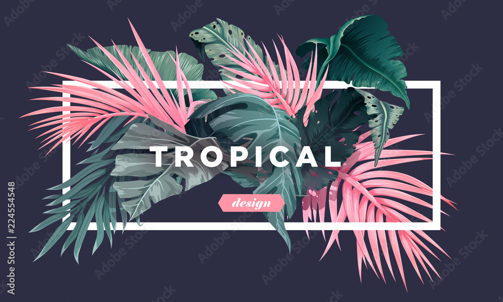 Fototapeta Jasne tropikalny tło z roślinami dżungli. Egzotyczny wzór z liśćmi palmowymi. Ilustracja wektorowa