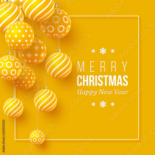 Christmas yellow baubles with geometric pattern. 3d realistic style with white frame, abstract holiday background. Vector illustration.