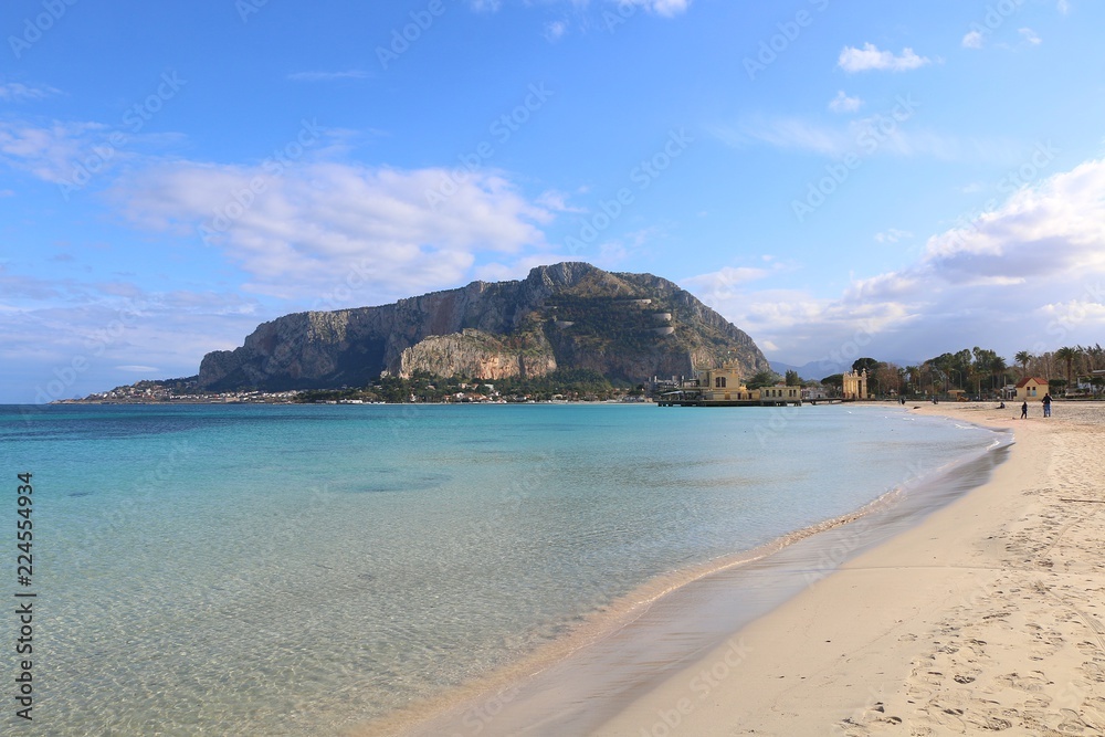 Palermo, Sicily, Italy. View of Mondello beach, in background monte Pellegrino.
