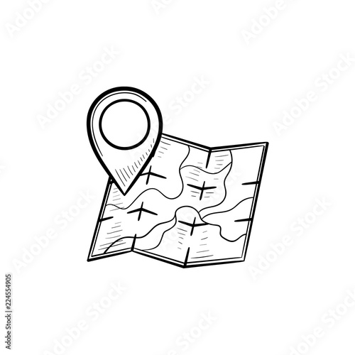 Map with location pin hand drawn outline doodle icon. Direction and destination, landmark and journey concept. Vector sketch illustration for print, web, mobile and infographics on white background.