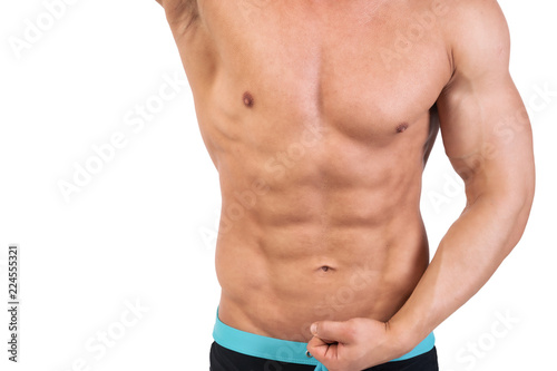 Handsome man and athletic body. White background.