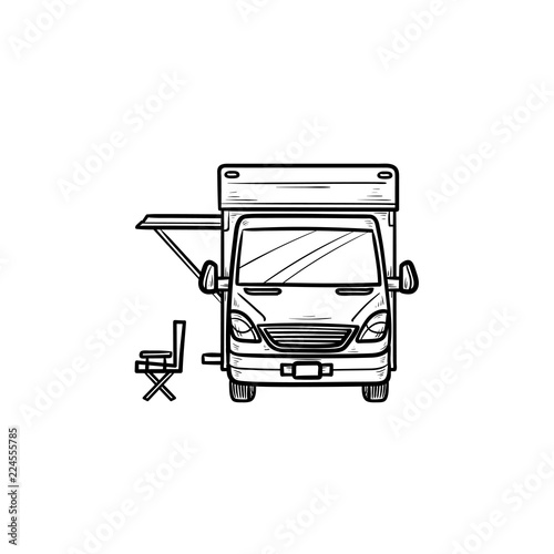 Motorhome with tent hand drawn outline doodle icon. Caravan and vacation, recreation and rv, camper concept. Vector sketch illustration for print, web, mobile and infographics on white background.
