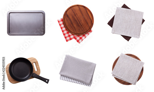 Pizza board, napkin and tablecloth, pan and tray isolated. Top view mockup. Set. photo