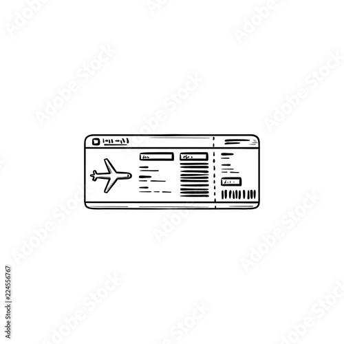 Airplane ticket hand drawn outline doodle icon. Plane travel, boarding pass and airport, flight concept. Vector sketch illustration for print, web, mobile and infographics on white background.