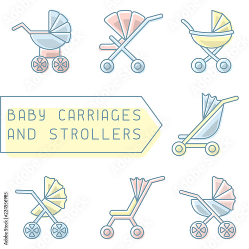 Baby carriages and strollers icons set. Linear style vector illustration