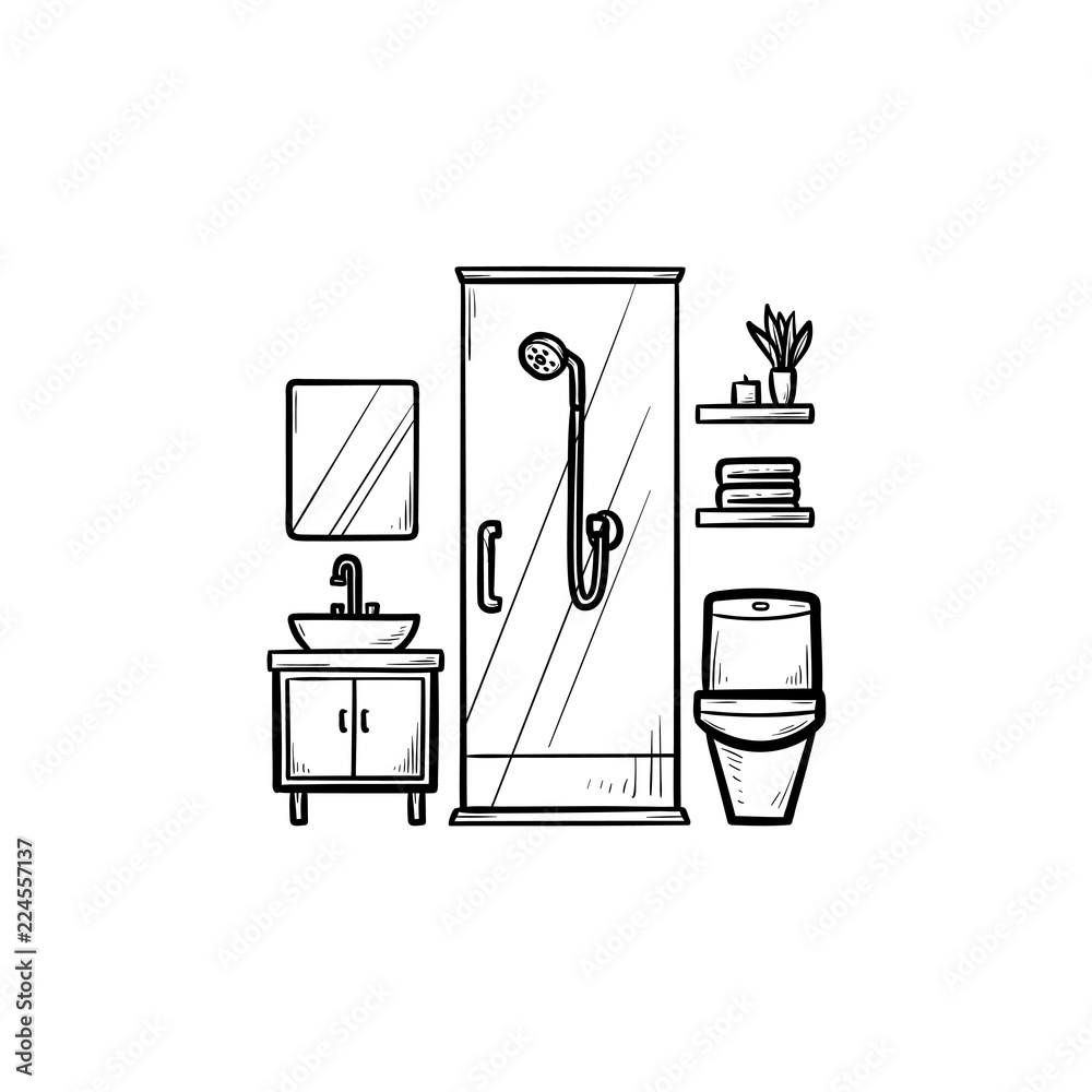 Bathroom hand drawn outline doodle icon. Hygiene and shower, toilet and