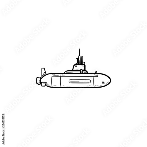 Military submarine hand drawn outline doodle icon. Navy vehicle, military underwater transport concept. Vector sketch illustration for print, web, mobile and infographics on white background.