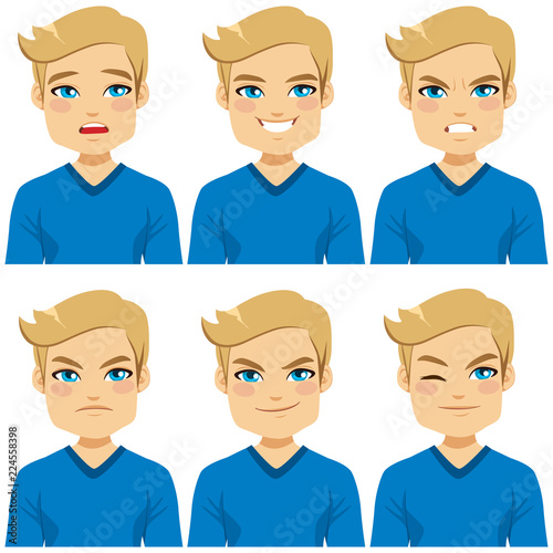 Attractive blond hair young man on six different face expressions collection with blue shirt