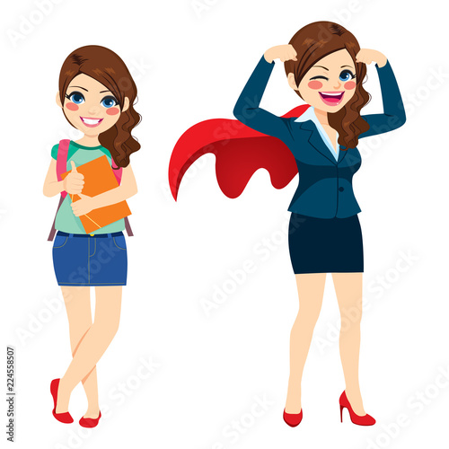 Young student girl transforming into super business woman
