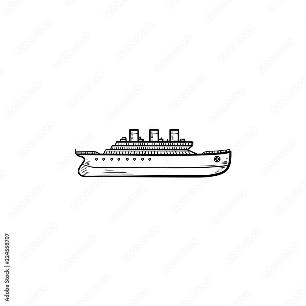 Obraz premium Ship hand drawn outline doodle icon. Cargo container, shipping and delivery, transportation concept. Vector sketch illustration for print, web, mobile and infographics on white background.