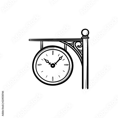 Train station clock hand drawn outline doodle icon. Arrival and departure time, railway and platform concept. Vector sketch illustration for print, web, mobile and infographics on white background.