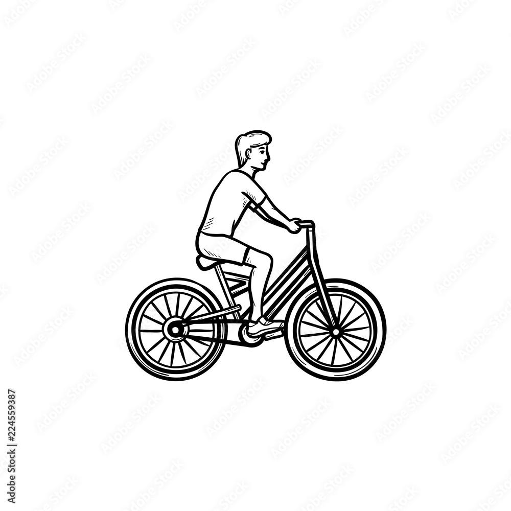 Man riding a bike hand drawn outline doodle icon. Cycle and fitness, recreation and travel activity concept. Vector sketch illustration for print, web, mobile and infographics on white background. Man riding a bike hand drawn outline doodle icon. Cycle and fitness, recreation and travel activity concept. Vector sketch illustration for print, web, mobile and infographics on white background.