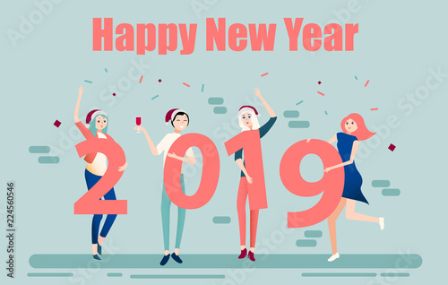 Happy New Year 2019 poster with people and figures.