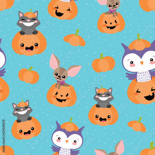Vector Blue Pumpkin Friends Seamless Pattern Background