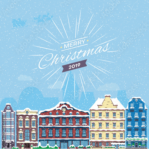 Merry Christmas 2019 greeting card with cityscape.