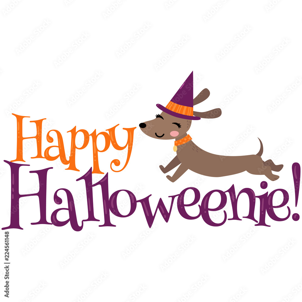 Fototapeta premium Vector Happy Halloweenie Dachshund Halloween Phrase Illustration