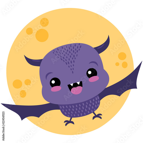 Vector Cute Purple Bat and Moon Halloween Illustration