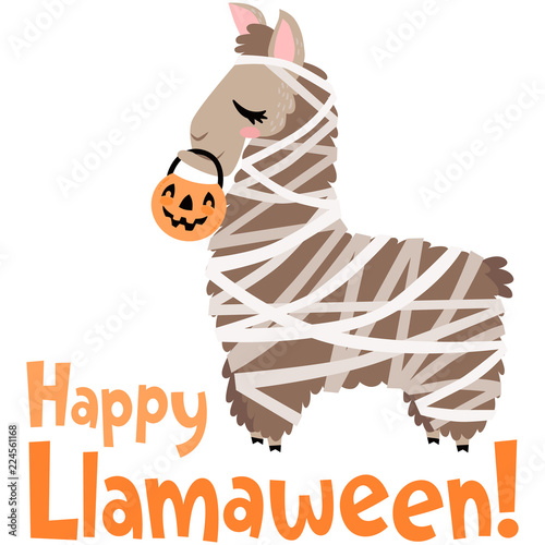 Vector Happy Llamaween Llama Mummy Costume Illustration