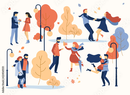 Enamored couples meet and walking in park. Autumn illustration.