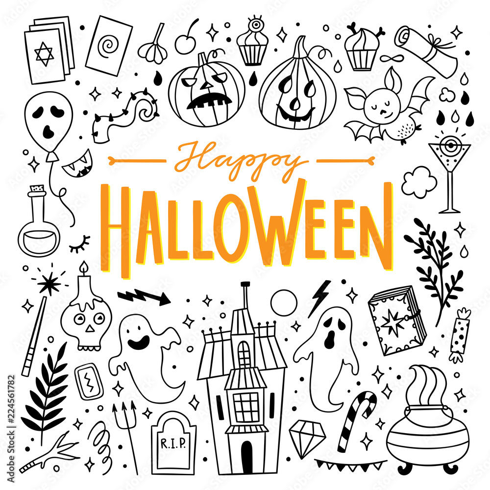 Happy Halloween icons set. Outline hand drawn illustrations for Halloween celebration. Cute pumpkins, ghosts, magic elements and subjects collection