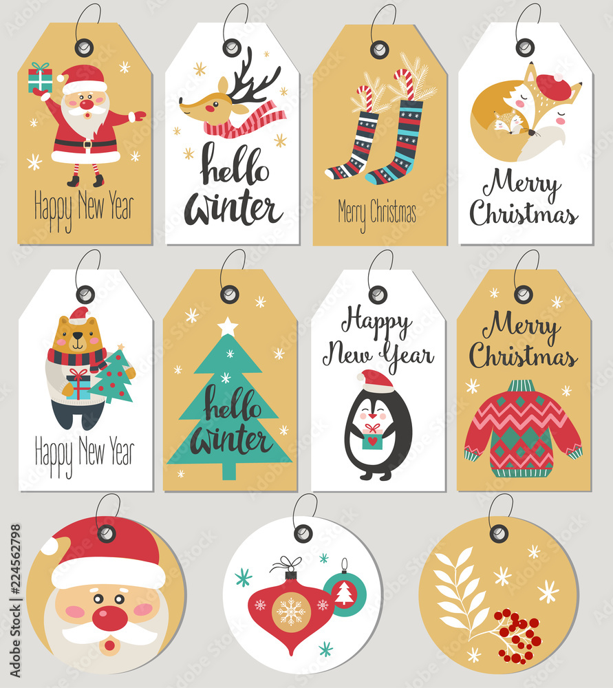 Fototapeta premium Set of Merry Christmas and New Year gift tags and cards.