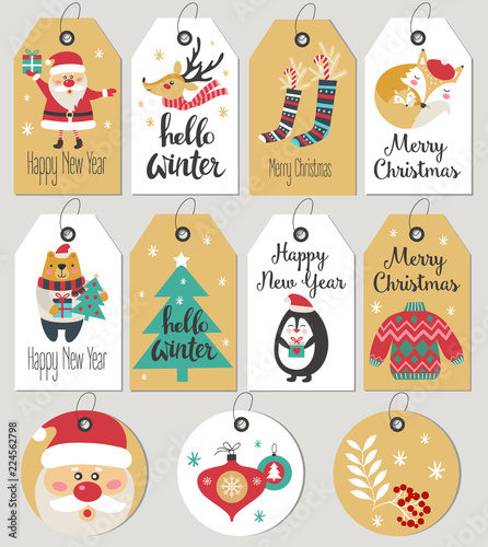 Set of Merry Christmas and New Year gift tags and cards.
