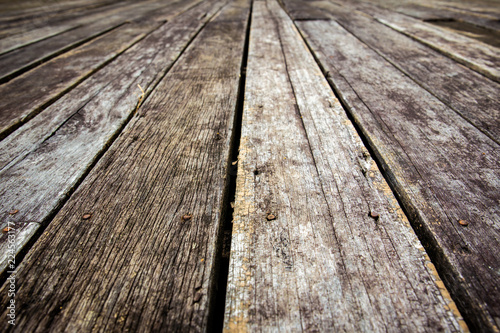 Wide angle view of an old wooden floor close up background.