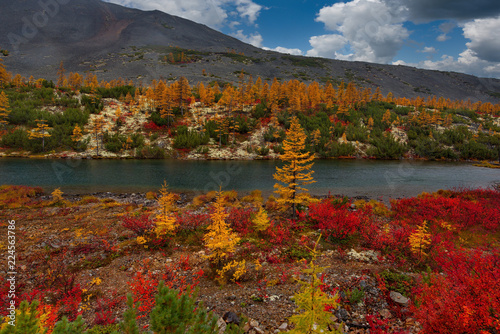 Russia. Magadan. The amazing beauty of the autumn of the Far East. The lake Maxi