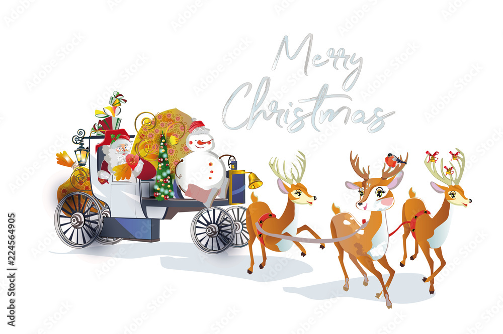 Obraz premium Christmas card with Santa Claus in the carriage with cute deers. Cartoon style.