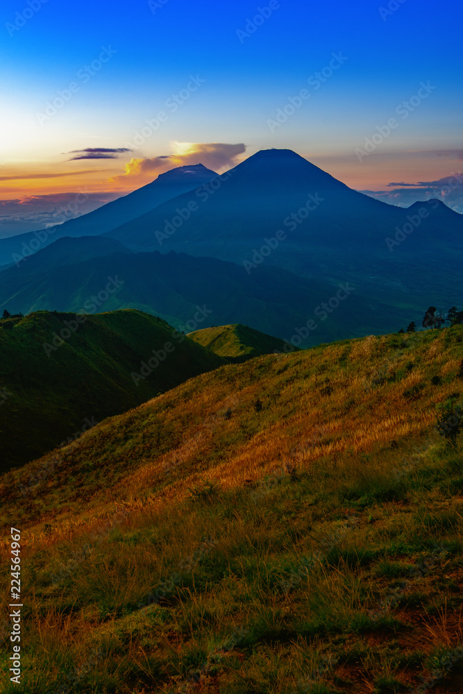 Mount Merapi and Merbabu in the background taken from mount Prau, Jogjakarta, Indonesia