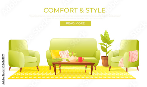 Classic living room home interior design banner. Landing Page Website conept. Comfortable armchair with a plant in a room with retro wallpaper. Vector illustration