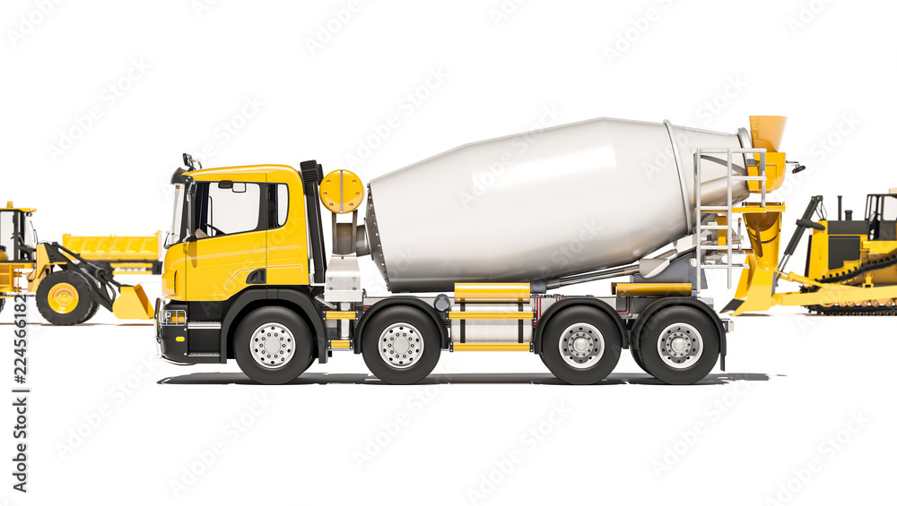 Cement Mixer with a Loader and a Bulldozer 3d rendering Cement Mixer with a Loader and a Bulldozer 3d rendering
