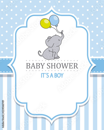 baby shower boy. Cute elephant with balloons. space for text