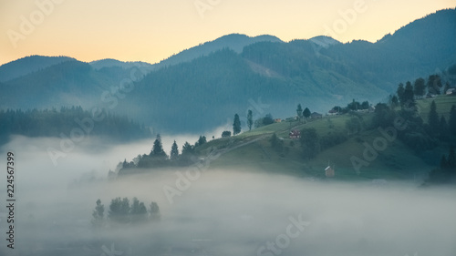 Carpathian mountain landscape on a foggy summer day