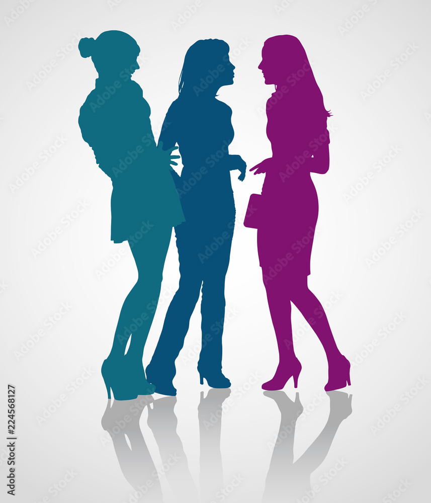 Detailed silhouettes of young adult women on meeting