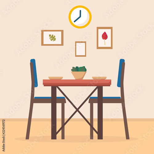 Dining table in kitchen with chairs  clocks  frames  plates and bowl with salad. Flat cartoon style vector illustration.