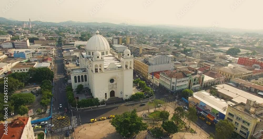 An aerial view of the San Salvador Cathedral in the historic center of El Salvador