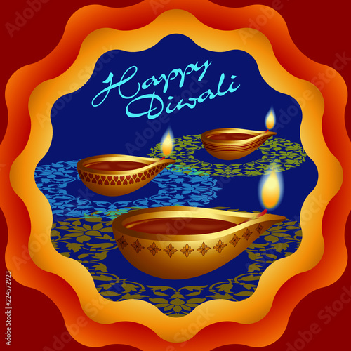 FETES-Indienne-Diwali-Carte pour la fête des lumières en Inde. Illustration de 3 bougies en forme de goutte entourée de mandala au motif fleur, sur un fond coloré orange et bleu..