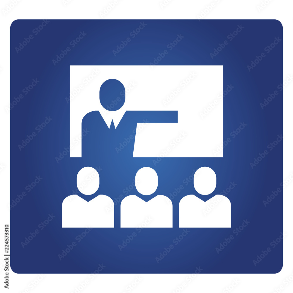business people presenting on whiteboard icon in blue background business people presenting on whiteboard icon in blue background