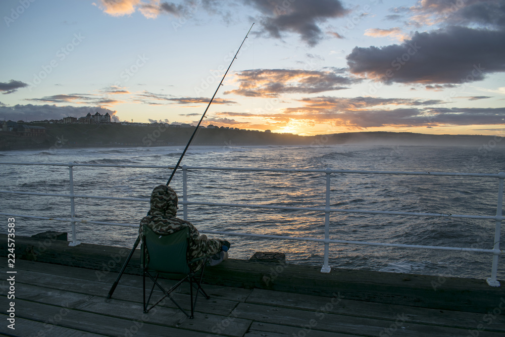 Fishing Whitby West Pier At Sunset