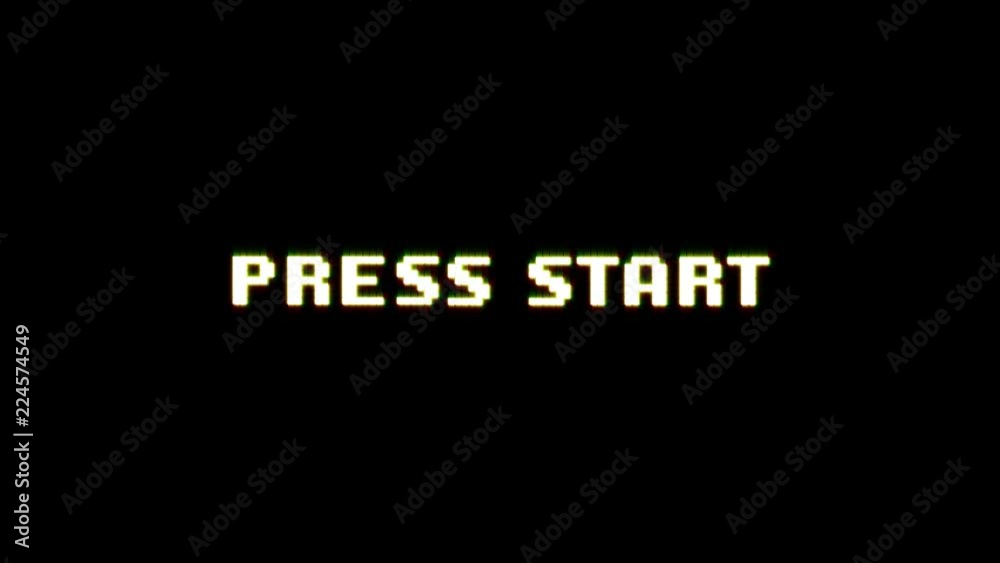 Press Start Game Ui Screen With Bad Glitch Effect/
Animation of a game ui start message with pixelated digital text blinking and dirty glitch and twitch effects