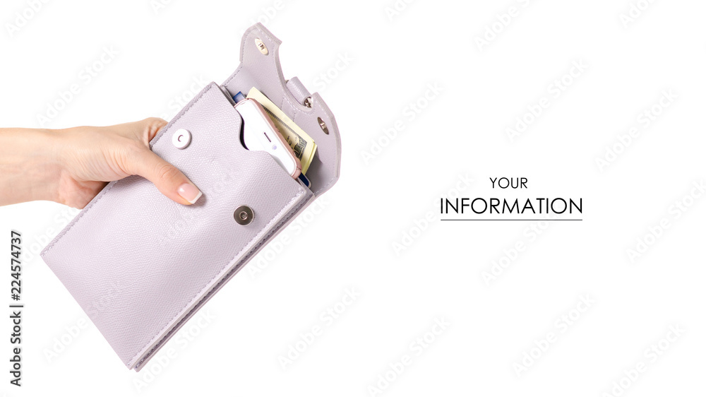 Female bag for passport documents mobile phone smartphone money dollars in hand pattern on white background isolation Female bag for passport documents mobile phone smartphone money dollars in hand pattern on white background isolation