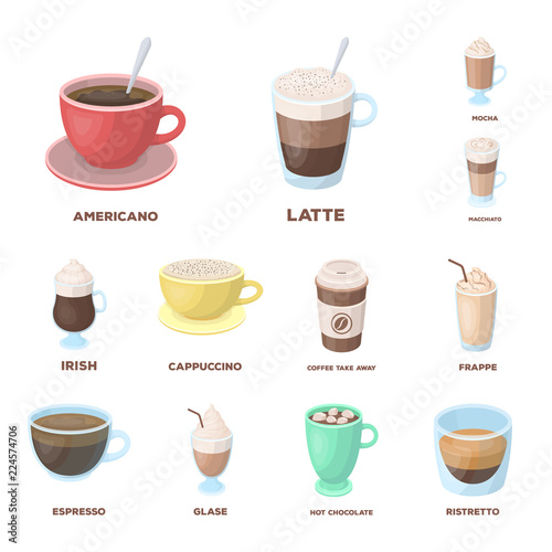 Different kinds of coffee cartoon icons in set collection for design. Coffee drink vector symbol stock web illustration.