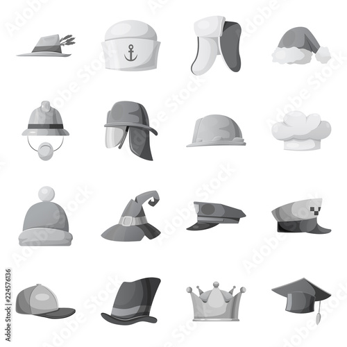 Isolated object of headgear and cap icon. Collection of headgear and accessory stock vector illustration.