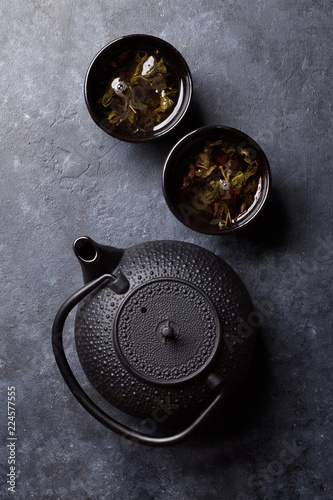 Green tea cups and teapot